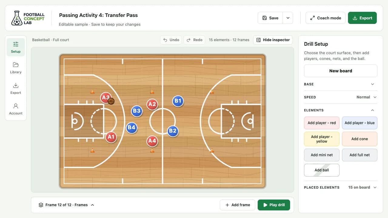 Basketball play maker showing the current Football Concept Lab editor with a full basketball court, red and blue players, a basketball, setup tools, and frame controls.