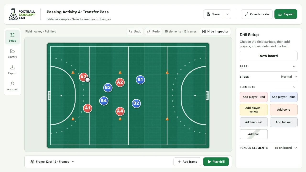 Field hockey drill designer in the redesigned Football Concept Lab editor, showing a full field hockey pitch, player and ball positions, setup tools, and animation controls.