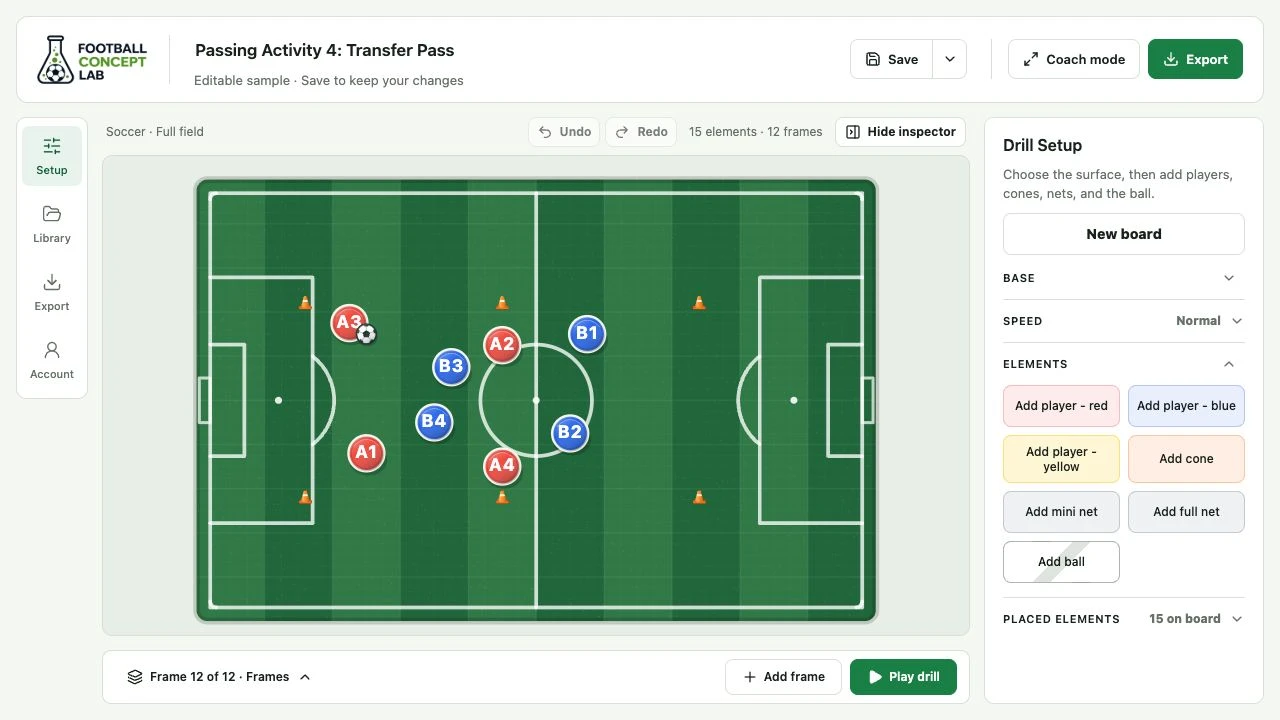 Soccer drill maker showing the redesigned Football Concept Lab editor, a transfer passing drill on a full pitch, setup tools, and frame playback controls.