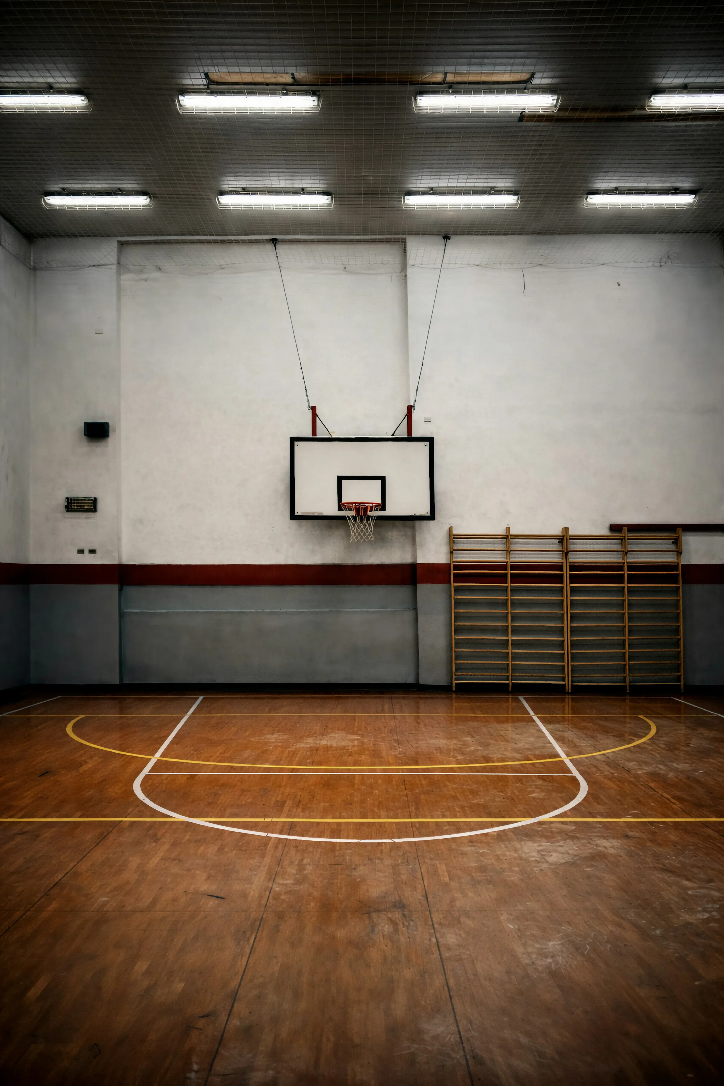 An empty indoor basketball court with a wooden floor and basketball hoop.