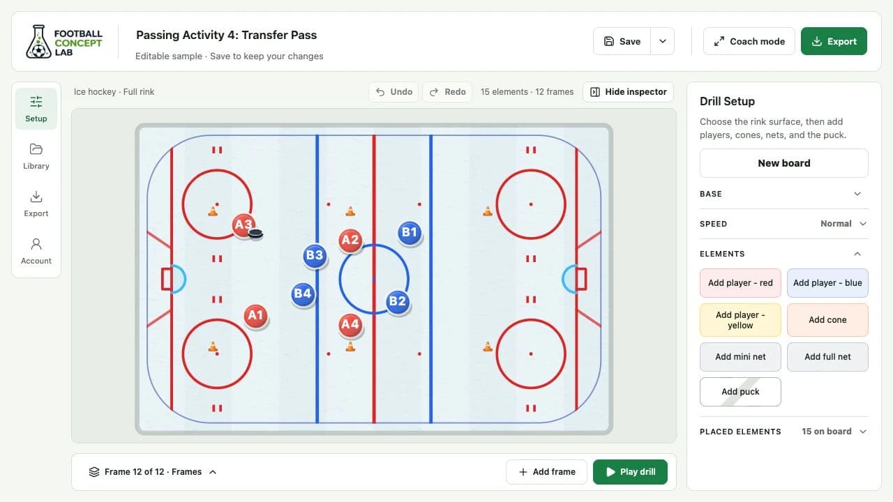 Ice hockey drill maker in the current Football Concept Lab editor, with a full rink, player markers, puck, drill setup inspector, and playback controls.