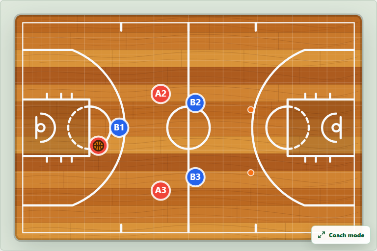 Football Concept Lab basketball court board with red and blue player markers, cones, and a basketball.