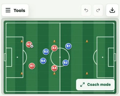 Football Concept Lab mobile full-field soccer board showing the sample drill and coach mode control.
